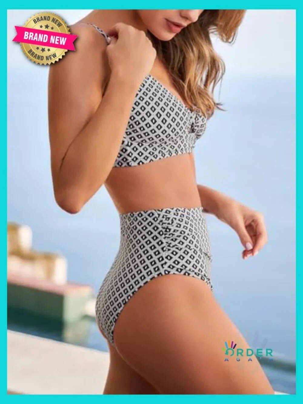 High Waisted Bikini Set Twist Front Cutout Full Coverage Ruched Two Piece